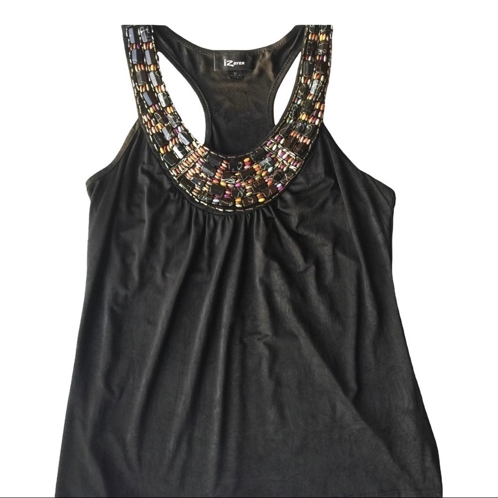 Y2K black racer back tank w/beaded ornate neckline.